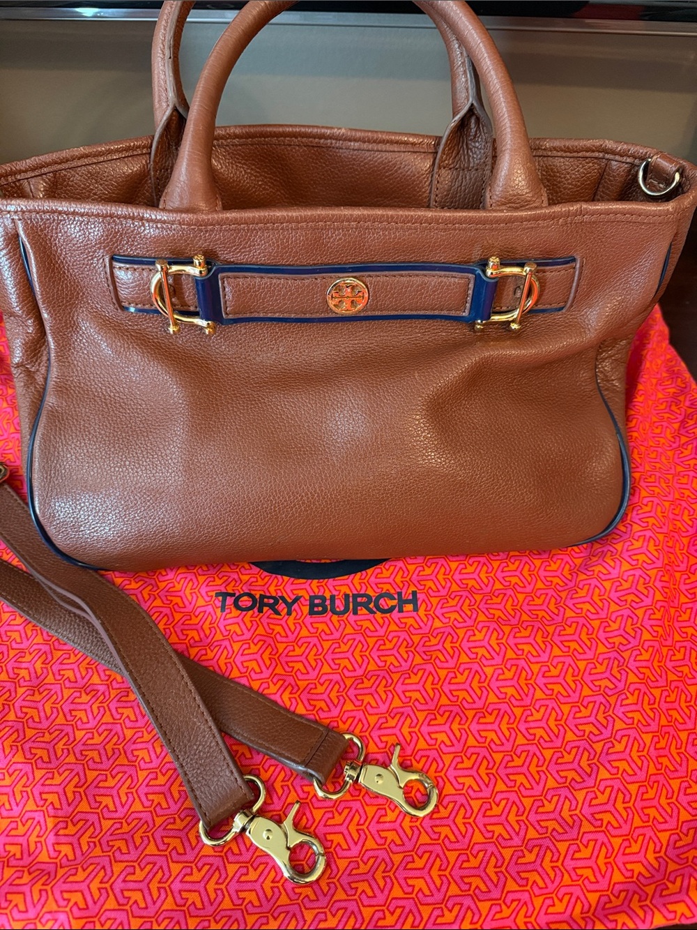 Tory Burch Brown Leather Satchel with Navy Trim and Gold Hardware